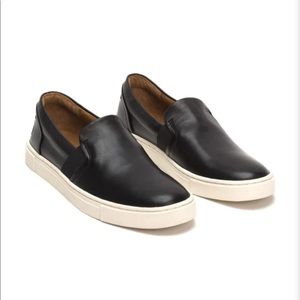 Frye black leather slip ons